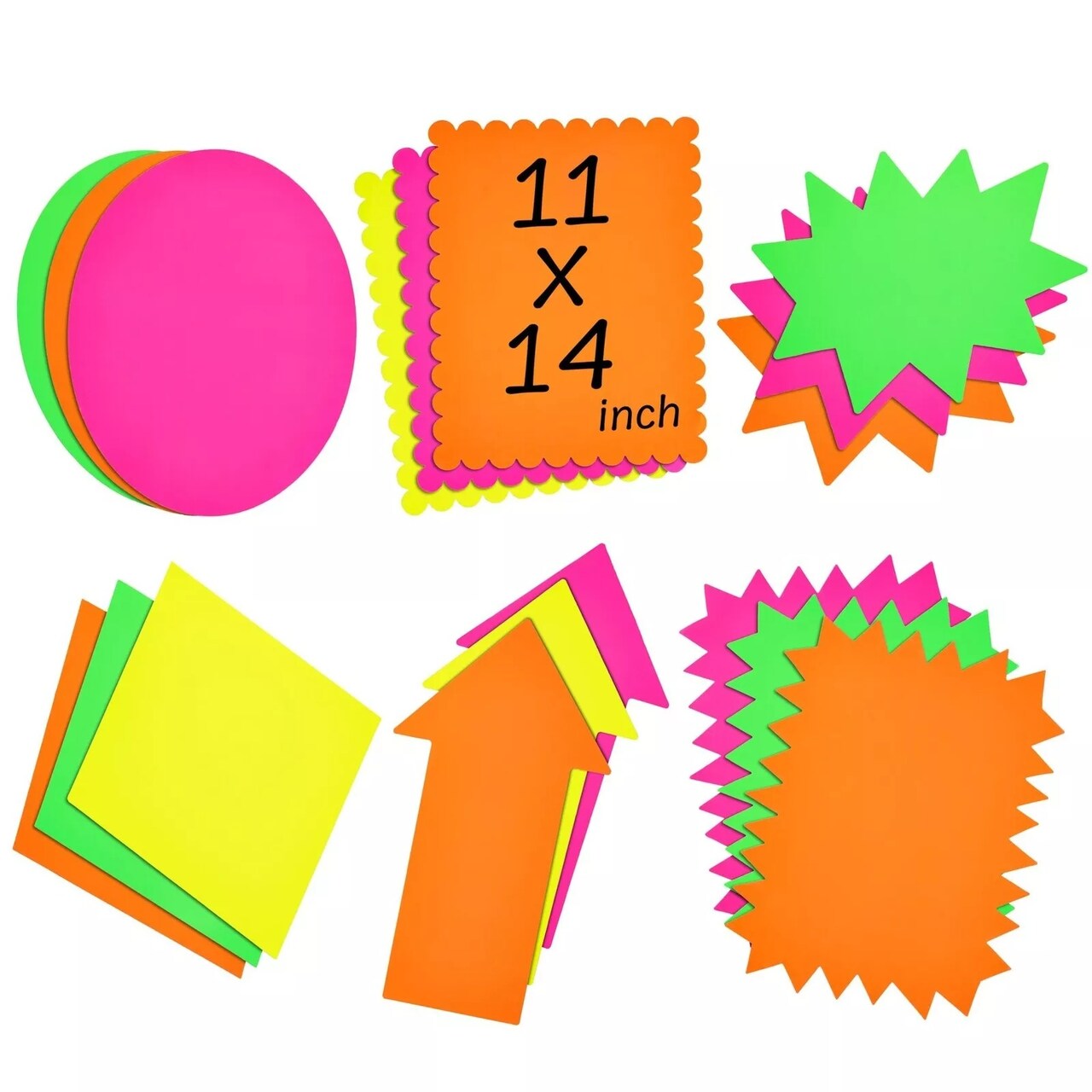 18 Piece Neon Poster Board Cutouts, 6 Starburst Shaped Signs for School, 11x14"